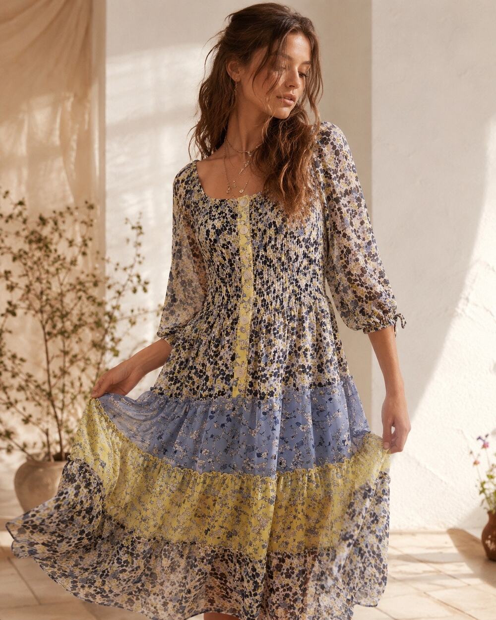 Y2K Semi-Sheer Whimsical Bohemian Floral Color Block Tiered Midi Length Dress